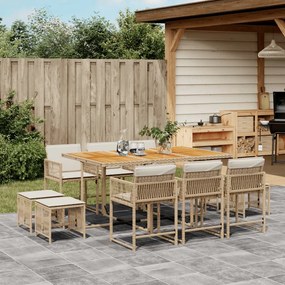 vidaXL 11 pcs conjunto de jantar p/ jardim com almofadões vime PE bege
