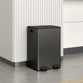 Caixote do lixo de cozinha 45,8 x 36 x 67,6 cm com 2 compartimentos de 2 x 28 L, aço inoxidável, tampa com fecho suave, preto