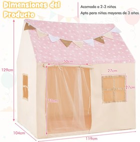 Tenda Casa para crianças infantil 119 x 104 x 129 cm com cortinas, janelas, luzes, bandeirinhas e tapete acolchoado interior rosa