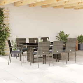 vidaXL 9 pcs conjunto de jantar p/ jardim c/ almofadões vime PE cinza