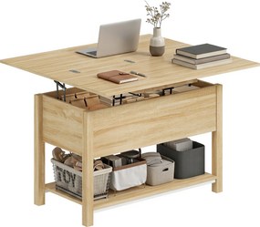 Mesa de centro elevável e extensível, com compartimento oculto e prateleira aberta, 100 x 45 x 50,5 cm, em cor madeira natural