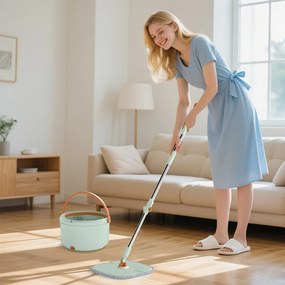 Conjunto de esfregona e balde com escorredor para pisos lisos com 8 panos de microfibra laváveis, esfregona para limpar paredes, mãos livres, verde