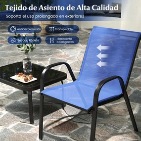 Conjunto de jardim exterior de 4 peças Mesa de café em vidro temperado Banco e 2 cadeiras individuais Tecido Textilene Mesa e cadeiras azuis