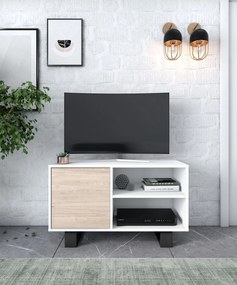 Móvel de TV 100 com porta esquerda, sala de estar, modelo WIND, cor da estrutura Branco, cor da porta Carvalho, medidas 95x40x57cm de altura.