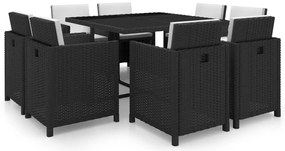 9 pcs conjunto jantar exterior com almofadões vime PE preto