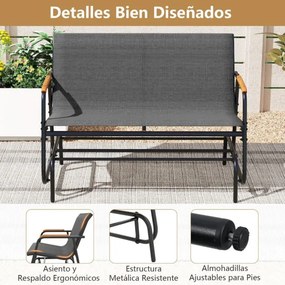 Banco baloiço deslizante para jardim Assento para 2 pessoas com braços curvos em teca Assento respirável Estrutura em metal