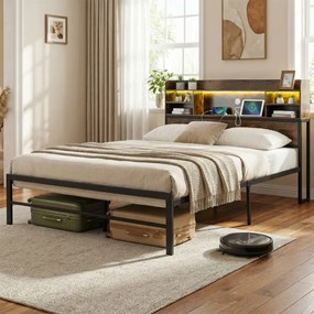 Estrutura cama 200 x 140 cm (COLCHÃO NÃO INCLUIDO) com Luzes LED e Estação de Carregamento 16 Cores 4 Modos Castanho Rústico e Preto