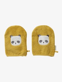 Lote de 2 luvas de banho, Panda amarelo escuro liso com motivo