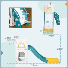 Escorrega Infantil 4 em 1 para Crianças com Cesto de Basquetebol Telescópio Escalador e Espaço de Arrumação 70x177x92 cm Amarelo e Verde