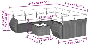 9 pcs conjunto de sofás p/ jardim com almofadões vime PE bege