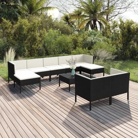 vidaXL 10 pcs conjunto lounge de jardim c/ almofadões vime PE preto
