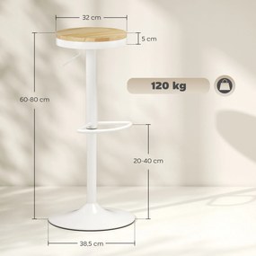 Conjunto de 2 Bancos de Bar Giratórios Bancos Altos de Cozinha com Descanso para Pés 38,5x38,5x60-80 cm Madeira e Branco