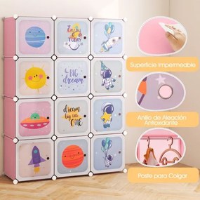 Guarda roupa Infantil de 12 Cubos para Bebéscom 2 secções para pendurar 107 x 36 x 142 cm Rosa