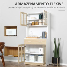 Armário de Cozinha  80x40x180 cm com 4 Portas de Vidro Bancada Aberta para Micro-Ondas Branco e Madeira