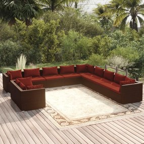 vidaXL 11 pcs conjunto lounge jardim c/ almofadões vime PE castanho