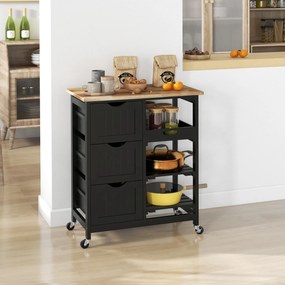 Carrinho de Cozinha com Rodas com 3 Gavetas 2 Prateleiras Abertas e Bandeja 67x37x85,5 cm Preto
