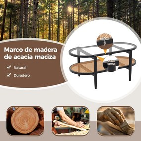 Mesa de centro oval de dois níveis com tampo em vidro temperado 102 x 46 x 46 cm, estante em vime e estrutura em madeira curvada para sala de estar ou