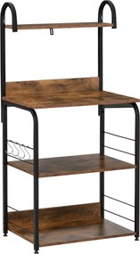Estante de Cozinha Estante para Microondas com 4 Níveis Ganchos e Pés Ajustáveis Estante de Armazenamento 60x40x125 cm Castanho Rústico