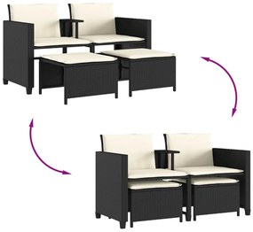 Sofá de jardim de 2 lugares com mesa e bancos vime PE preto