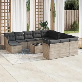 13 pcs conjunto sofás p/ jardim c/ almofadões vime PE cinzento