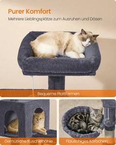 Arranhador para gatos 48 x 48 x 136 cm e com 3 plataformas, cinzento fumado