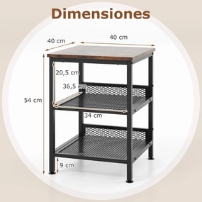 Mesa de apoio, mesa de cabeçeira de 3 níveis quadrada com duas estantes de rede para sala de estar Quarto 40 x 40 x 54 cm Castanho