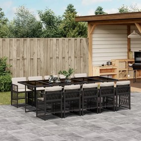 11 pcs conjunto de jantar p/ jardim c/ almofadões vime PE preto