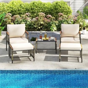 Conjunto de jardim 5 peças Rattan com Almofadas 2 Pufes Mesa de Vidro temperado Bege