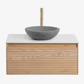 Conjunto De Móvel De Casa De Banho Suspenso 80x50 Cm Em Madeira De Freixo Tedrik Castanho Fresno & Cimento Cinzento Redondo Ø40 Cm Tarsis - Sklum