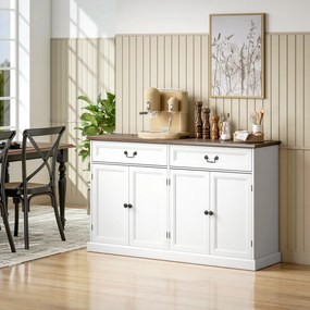 Aparador de sala, móvel de arrumação com 4 portas, 2 gavetas silenciosas, prateleiras ajustáveis, 140 x 40 x 85 cm, branco e castanho