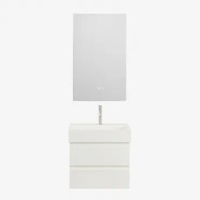 Conjunto De Móvel De Casa De Banho Em Madeira E Chapa De Freixo Com Lavatório Integrado Ona Branco & Retangular Led E Anti-embaciamento - Sklum