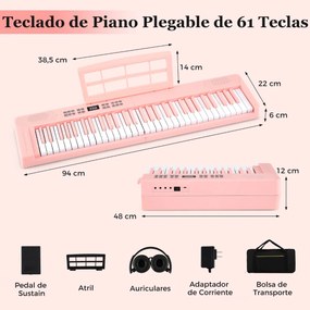 Teclado musical dobrável de 61 teclas, piano eletrónico com fones de ouvido e pedal portátil com bolsa para iniciantes Rosa