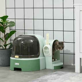 Caixa de Areia para Gatos com Cobertura Forma de Cápsula Espacial com 2 Bandejas Amovíveis e Pá 52x60x42 cm Verde