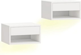 Conjunto de 2 Mesas de Cabeceira Flutuantes 37x32x21 cm com Luzes LED RGB Controlo por APP e Prateleira Aberta Branco