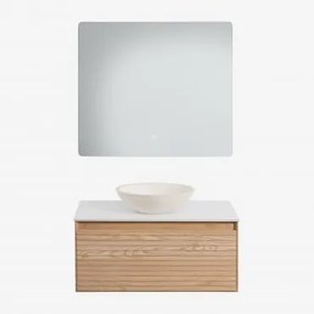 Conjunto De Móvel De Casa De Banho Em Madeira De Freixo Tedrik Castanho Fresno & Cimento Redondo Branco Ø40 Cm Zavion & Led - Sklum