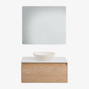 Conjunto De Móvel De Casa De Banho Suspenso 80x50 Cm Em Madeira De Freixo Tedrik Castanho Fresno & Cimento Redondo Branco Ø40 Cm Zavion - Sklum