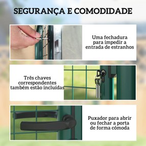 Portão de Jardim 97x150 cm para Vedação de Barra de Aço com Puxador Fechadura e 3 Chaves para Exterior Pátio Verde
