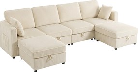 HOMCOM Sofá 4 Lugares com 2 Puffs com Armazenamento, Sofá de Canto Modular em U 306 cm em Veludo Cotelê, 4 Almofadas, Creme | Aosom Portugal