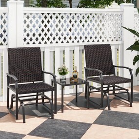 Conjunto de móveis baloiço jardim de vime de 3 peças com mesa de café de vidro temperado assento de vime assento de vime estrutura metálica móveis de