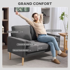 Sofá de 2 lugares moderno em veludo, com 127 cm, almofadas grossas, 2 travesseiros e assento estofado 127 x 73 x 85 cm cinzento