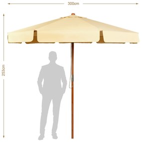 Guarda-sol de exterior 300 x 253 cm com botão manual 8 hastes de madeira Tecido de poliéster impermeável para jardim Praia Piscina Bege