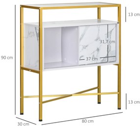 HOMCOM Mesa Consola Aparador de Entrada com Bancada de Vidro Temperado e Compartimento de Armazenamento Móvel de Entrada para Sala de Estar Estúdio 80x30x90cm Branco e Dourado