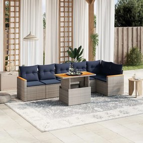 vidaXL 7 pcs conjunto sofás p/ jardim c/ almofadões vime PE cinzento