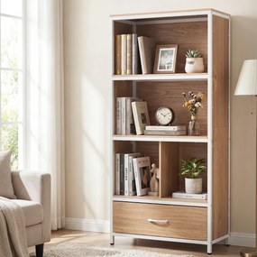 Estante de 4 níveis 68 x 30,5 x 151,5 cm com 4 compartimentos abertos e gaveta dobrável em tecido; Estrutura metálica para quarto ou escritório, em to