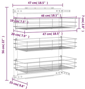 Unidade cestos arame para cozinha 3 pcs 47x25x56 cm prateado