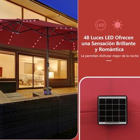 Conjunto de guarda-sol dupla face de 470 cm com 48 luzes LED solares e base recheável de 80 kg, com sistema de manivela, para jardim e piscina, vermel
