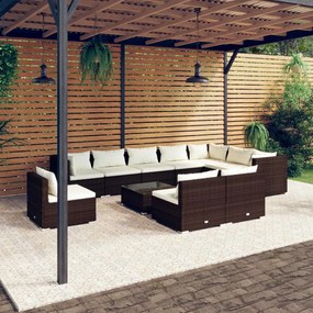 vidaXL 11 pcs conjunto lounge de jardim c/ almofadões vime PE castanho
