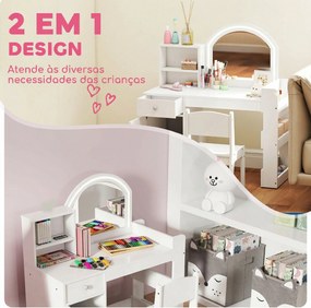 Toucador Infantil com Banqueta e Espelho com Luzes LED 1 Gaveta, Armário e 5 Prateleiras Branco