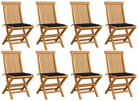 vidaXL Cadeiras de jardim c/ almofadões pretos 8 pcs teca maciça