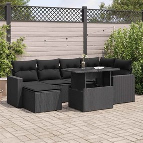 7 pcs conjunto de sofás p/ jardim c/ almofadões vime PE preto